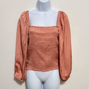 J. Crew Rose Pink Smocked Satin Square Neck Blouse Size Small